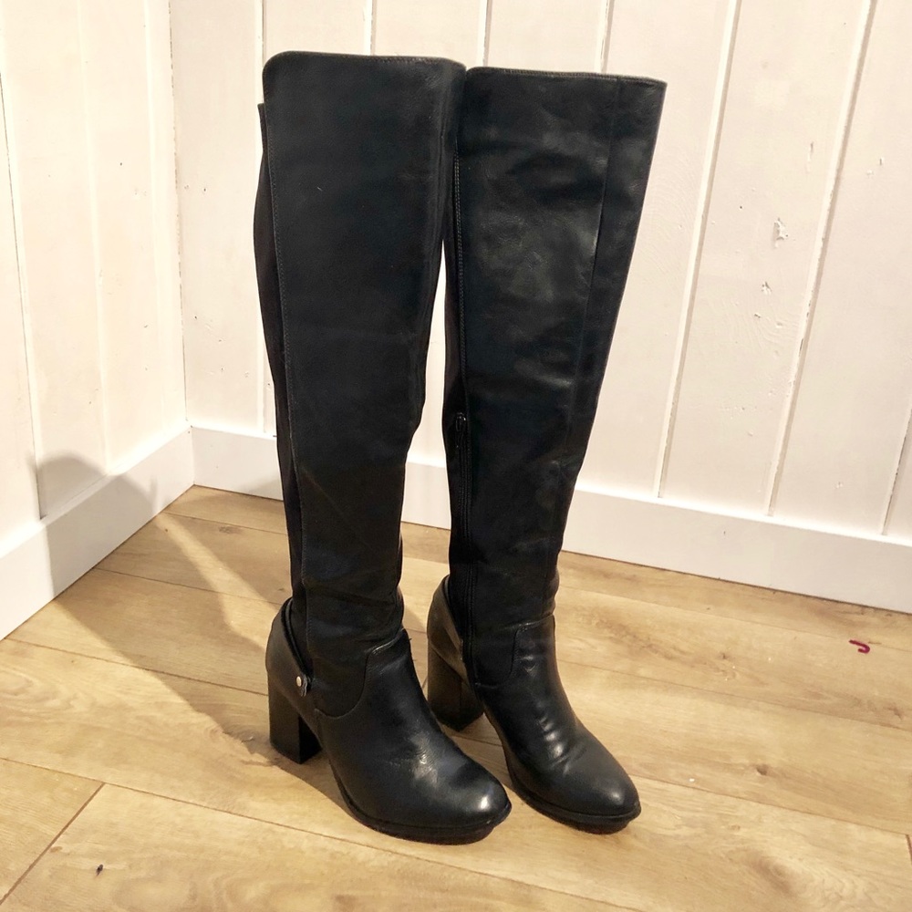 Above the knee black faux leather high heel boots